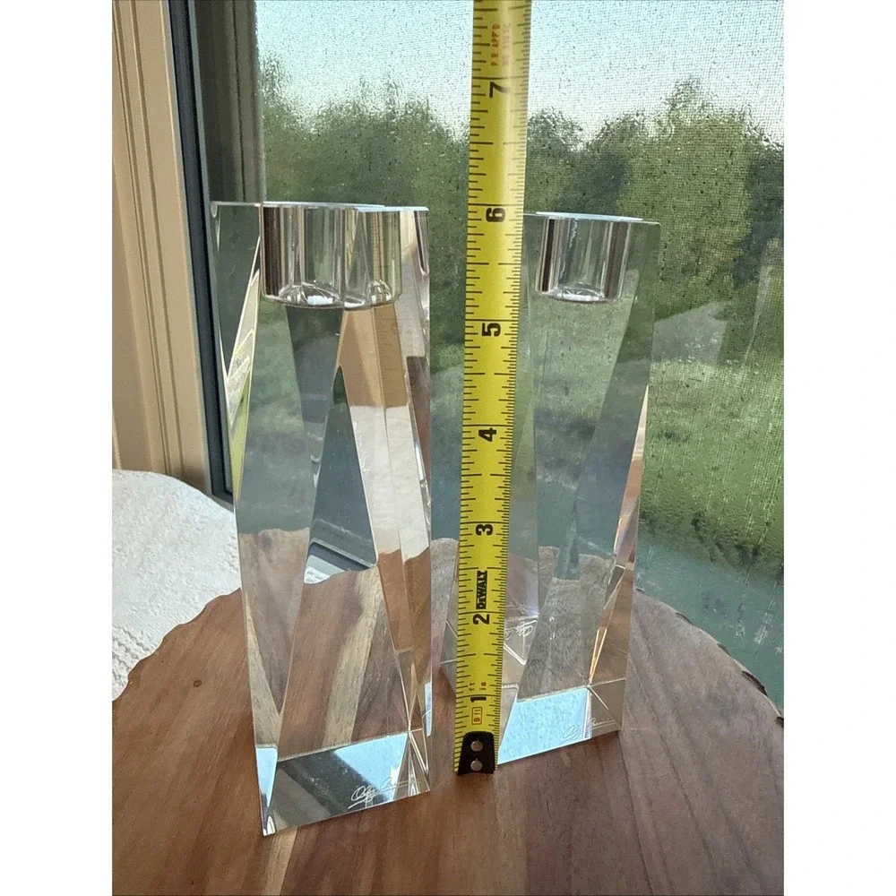 Oleg Cassini Signed Crystal Glass Prism Rectangular Candlestick Holders (2) 6 in